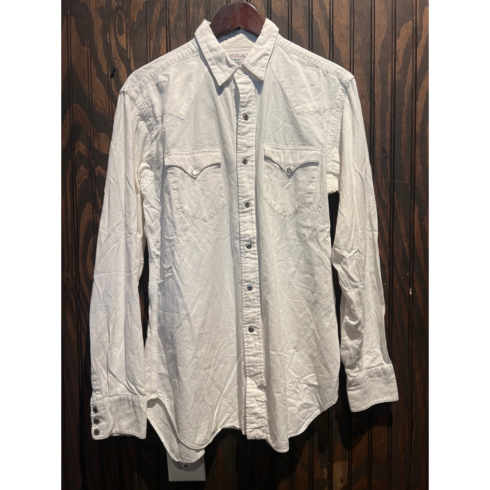 Polo Ralph Lauren Mens White Cotton Twill Western Pearl Snap Shirt 22x32